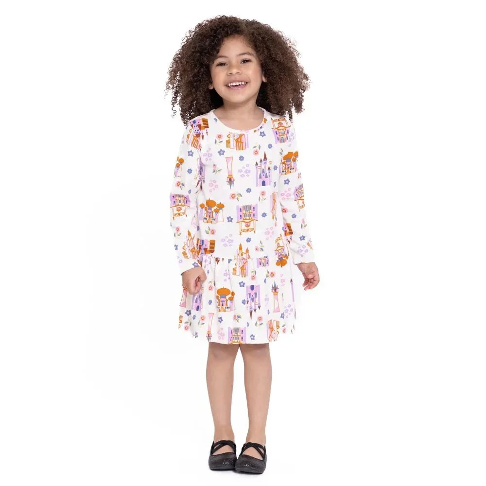 Disney Princess Dress Toddler Girls Castle Print Drop Waist Long Sleeves 2T-4T